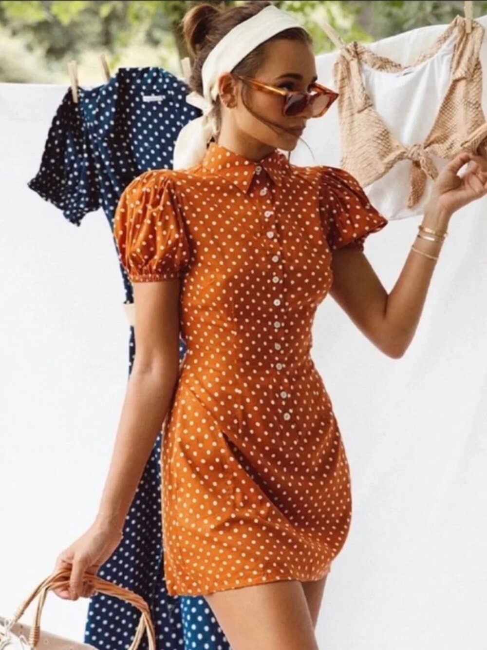WeWoreWhat Elle Dress M Bran Rust Polka Dot Puff Sleeve Mini Shirt Dress NWT - Picture 1 of 11